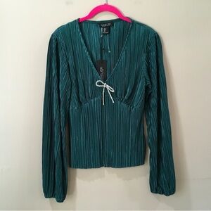 Rachel Zoe Plisse Top Long  Sleeve V Neck Green size s new